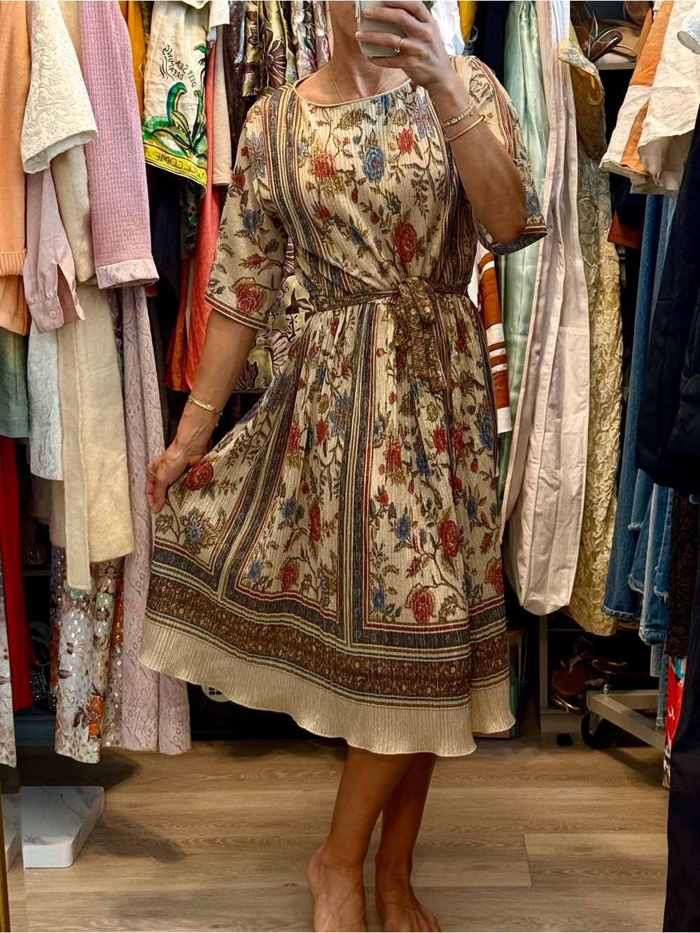 Vintage Bohemian Floral Metallic Lurex Dress - Beige Floral
